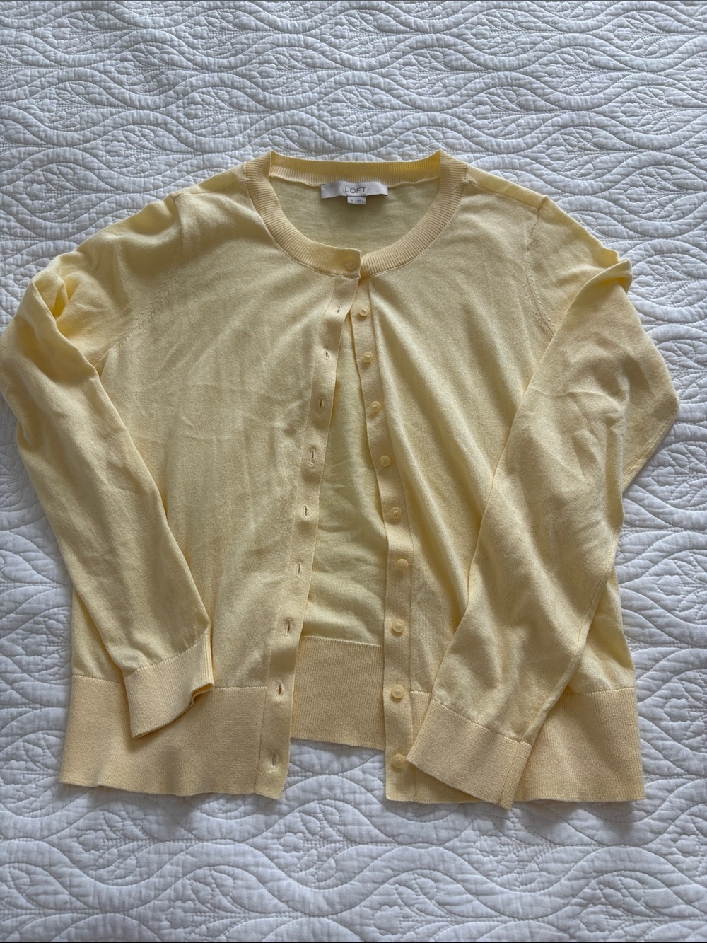 LOFT Pale Yellow Button-Front Crewneck Cardigan